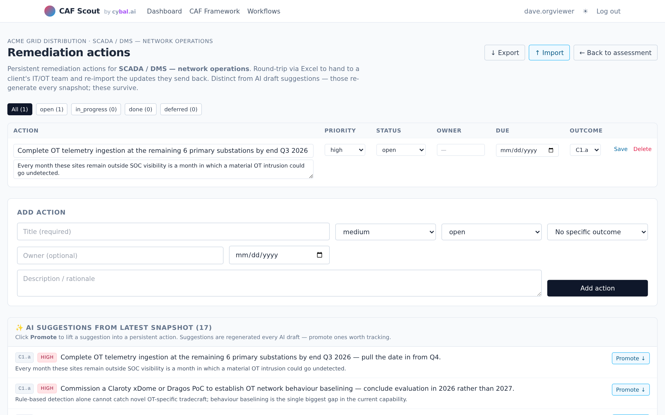CAF Scout remediation actions page with inline status editor and AI-suggested items