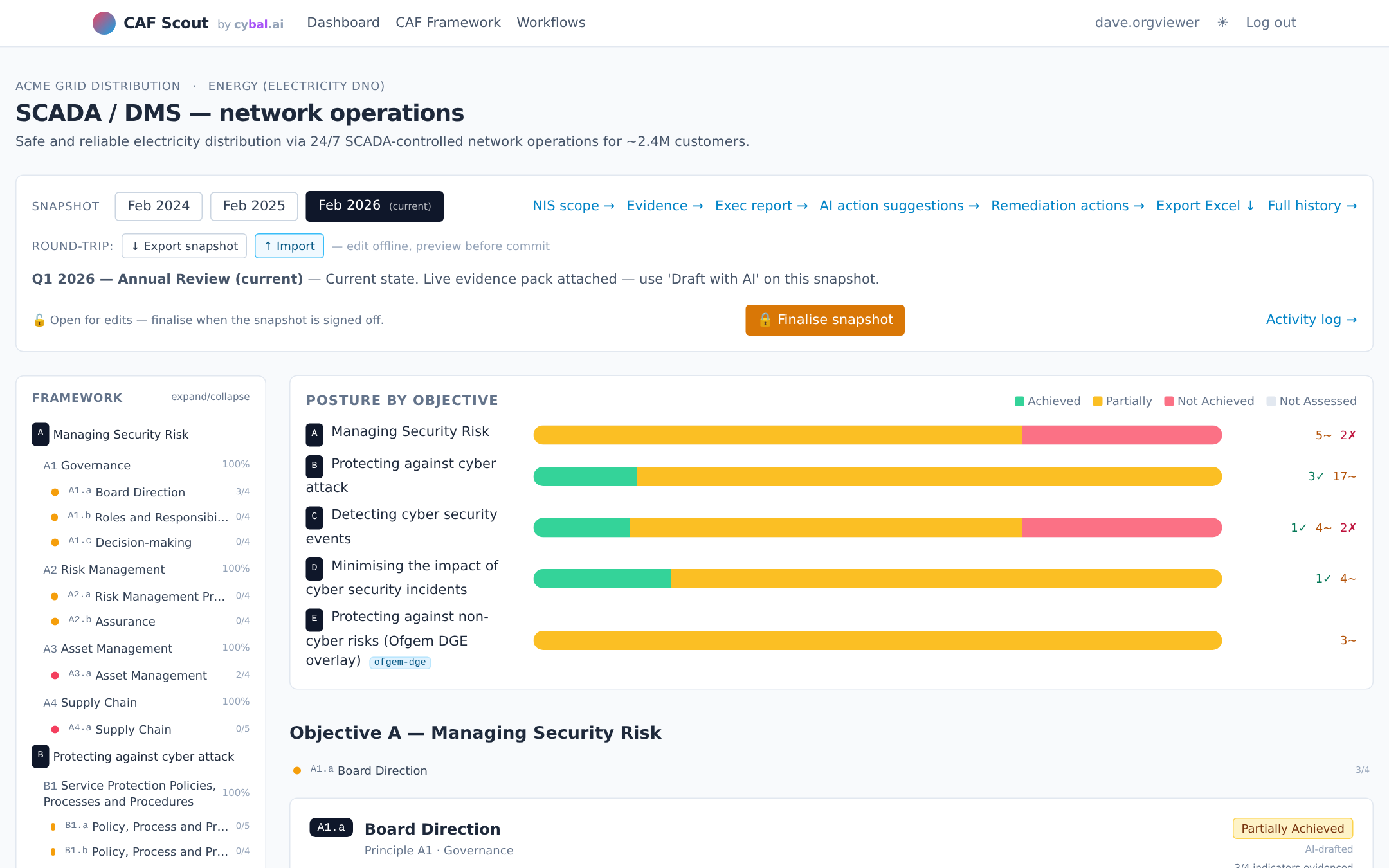 CAF Scout assessment page with outcome cards, verdict chips and AI-matched evidence