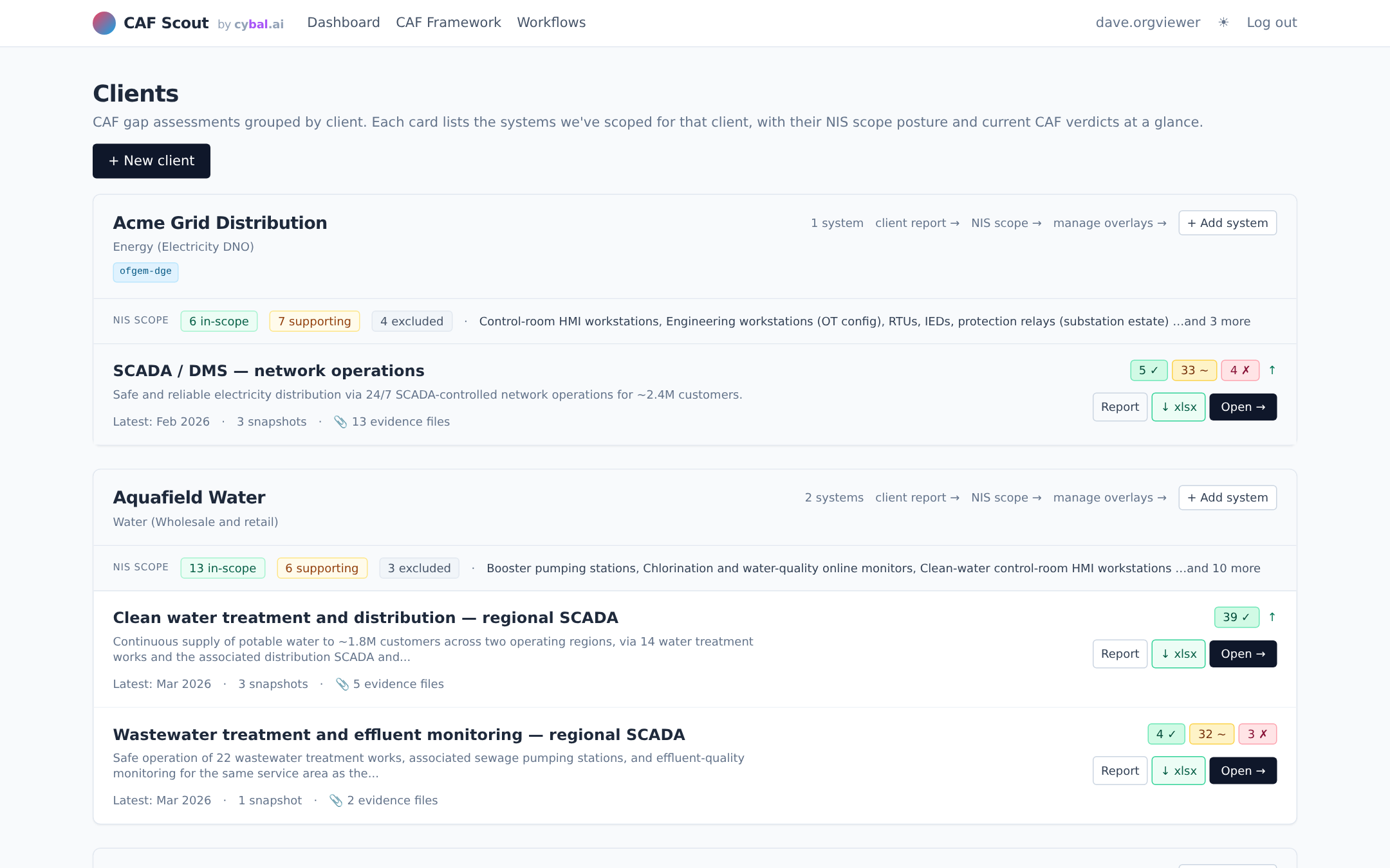 CAF Scout dashboard showing client cards with verdict chips and scope summaries